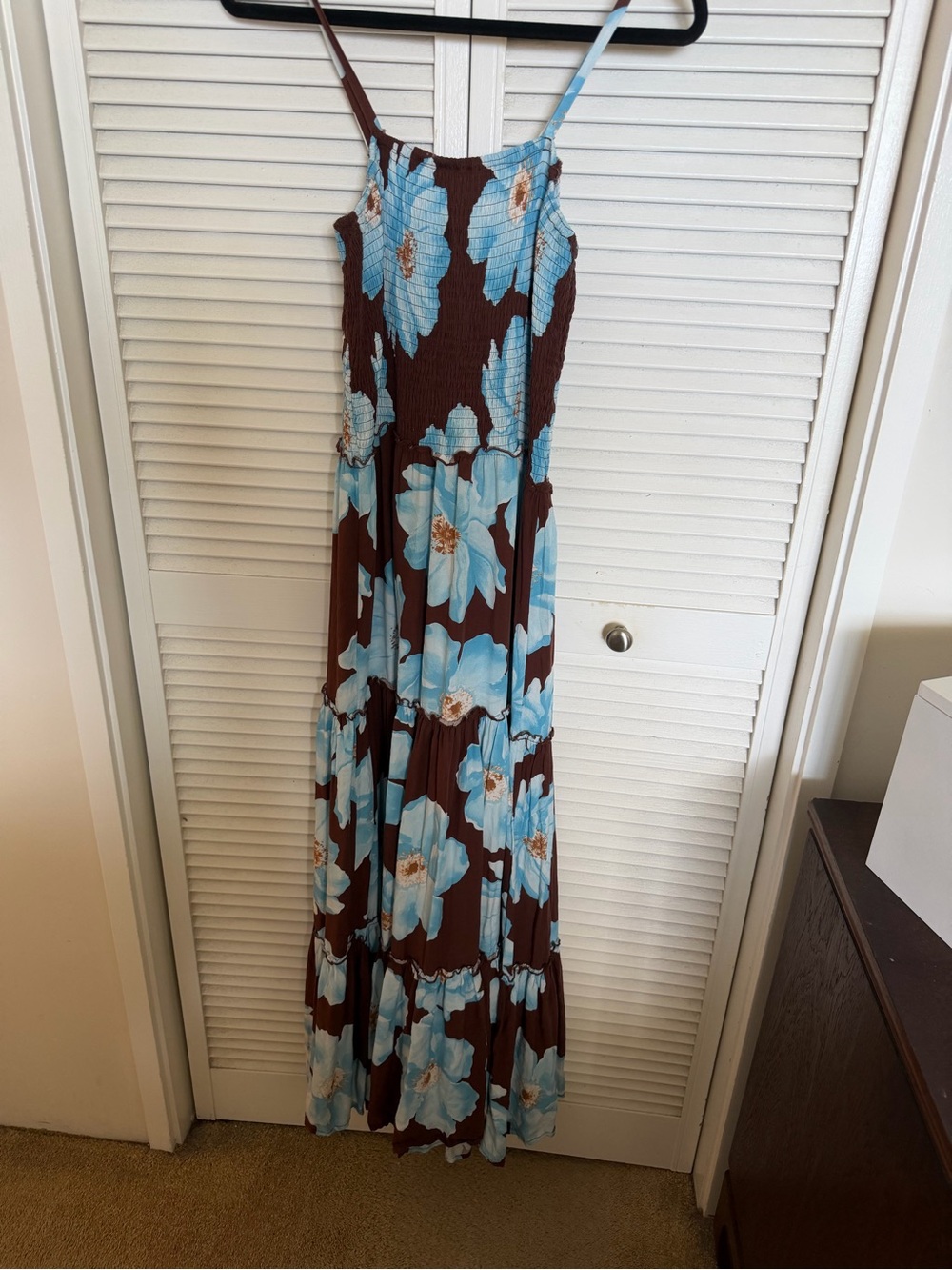 Brown Maxi Dress with Large Blue Floral Print